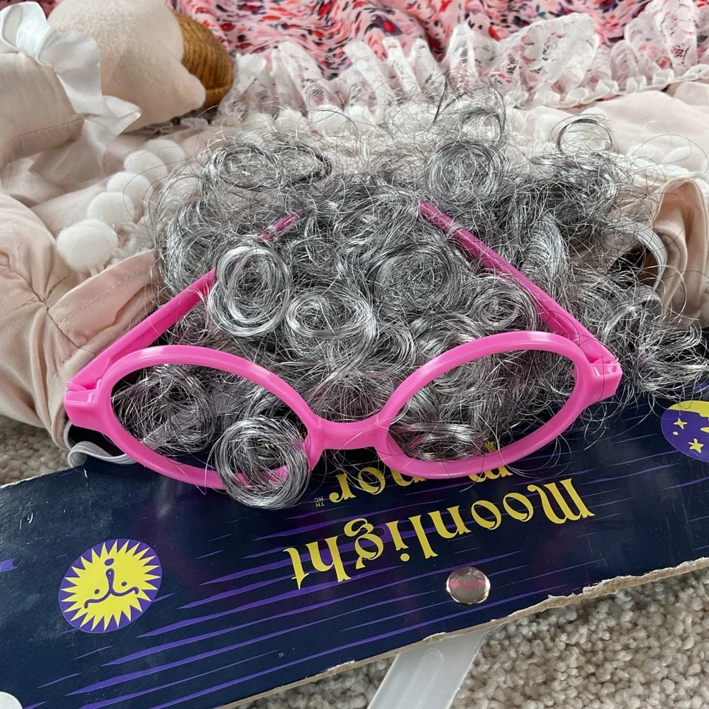 Moonlight Manor Grandma Pet Costume XL Dog Halloween Floral Dress Wig‎ Glasses